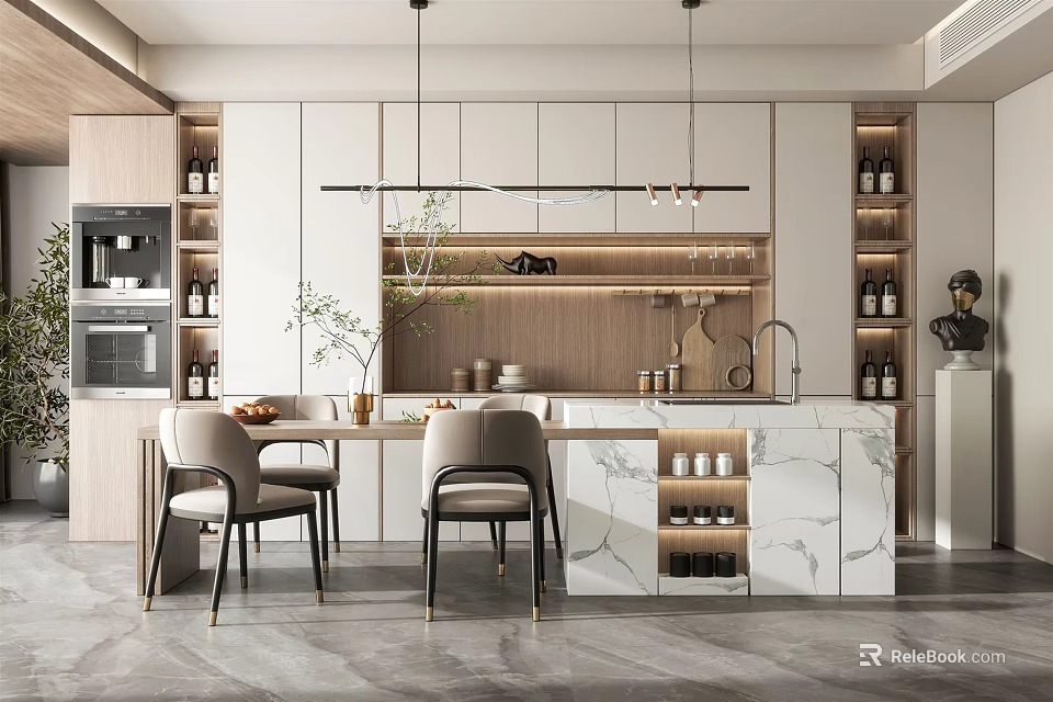 Modern Restaurant Open Concept Kitchen Design With Island Counter Dining Chairs And Pendant Lights 3d model