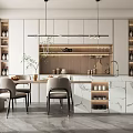 Modern Restaurant Open Concept Kitchen Design With Island Counter Dining Chairs And Pendant Lights