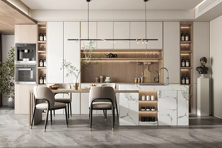 Nordic Restaurant Island Table Steam Box Oven Restaurant Chandelier Dining Table and Chair Combination Green Plant Sideboard Restaurant High Cabinet Red Wine 3d model