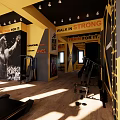 Spacious Modern Gym Interior With Treadmills Yellow Black Walls And Posters