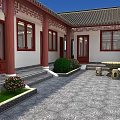 Traditional Chinese Garden Landscape With Carved Relief Walls Stone Table And Green Shrubs