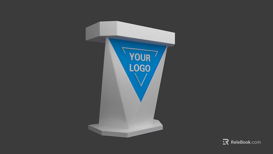 Modern White Reception Desk With Blue Logo Area And Geometric Design 3d model 