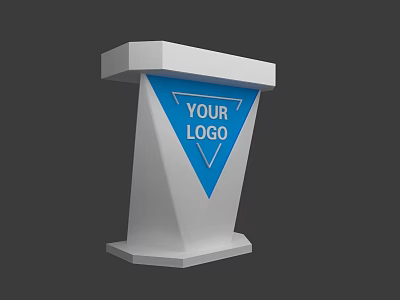 Modern White Reception Desk With Blue Logo Area And Geometric Design 3d model