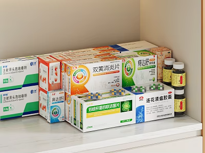Multiple Medical Devices And Disinfectant Gel Packages Stacked On White Countertop 3d model