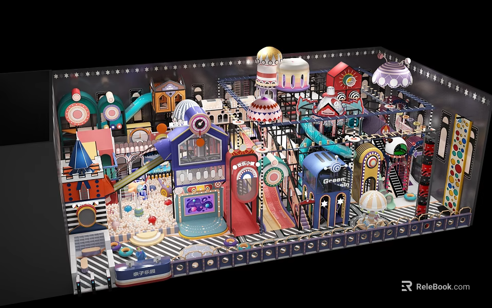 Colorful Amusement Park With Slides Mini Train Decorative Buildings And Lights 3d model 