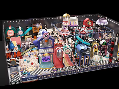 Colorful Amusement Park With Slides Mini Train Decorative Buildings And Lights 3d model