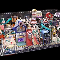 Colorful Amusement Park With Slides Mini Train Decorative Buildings And Lights