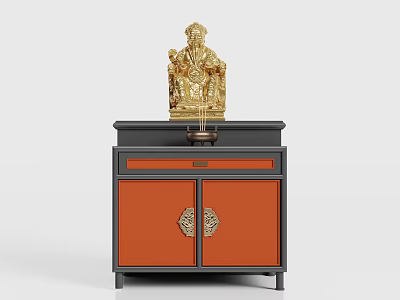 Traditional Buddhist Shrine Cabinet With Black Frame Orange Doors And Golden Buddha Statue 3d model