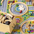 Square Kids Play Rug With Toy Train Tracks City Roads And Wooden Accessories