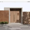 Modern Building Exterior Wall With Wooden Slatted Door Copper Panels And Leaf Shadows