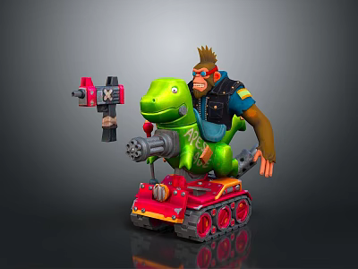 Mohawk Character In Leather Jacket Riding Green Dinosaur Creature On Red Tracked Vehicle With Mechanical Gun 3d model