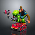 Mohawk Character In Leather Jacket Riding Green Dinosaur Creature On Red Tracked Vehicle With Mechanical Gun