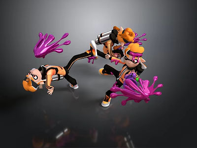 Animated Game Character Scene With Orange Hair Black And Orange Outfits Purple Ink Splashes 3d model