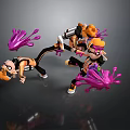 Animated Game Character Scene With Orange Hair Black And Orange Outfits Purple Ink Splashes