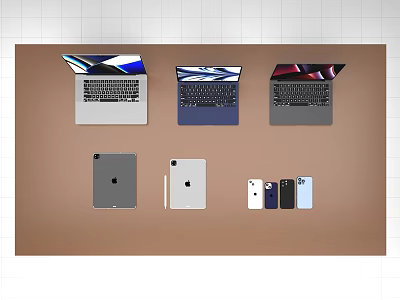 Assorted Laptops Tablets And Smartphones In Different Colors On Brown Surface 3d model