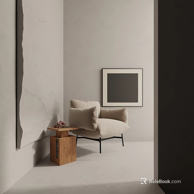 Minimalist Beige Linen Single Sofa With Wooden Side Table And Textured Wall Art 3d model 