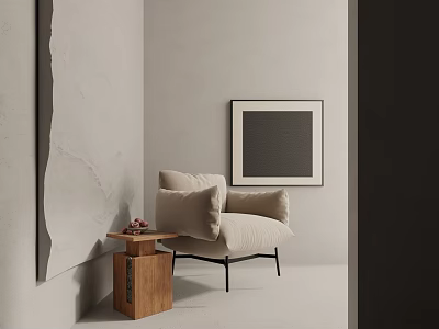 Minimalist Beige Linen Single Sofa With Wooden Side Table And Textured Wall Art 3d model