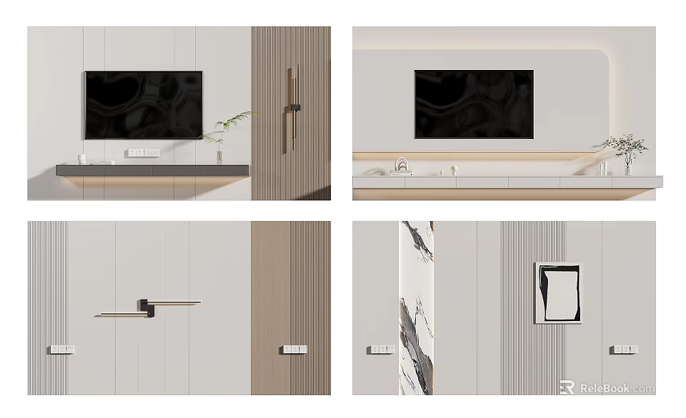 Modern TV Wall Interior Design With Wooden Cabinets Marble Accents And Decorative Plants 3d model 
