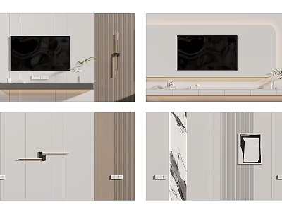 Modern TV Wall Interior Design With Wooden Cabinets Marble Accents And Decorative Plants 3d model