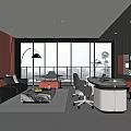 Modern Office Interior With Open Layout Sofa Desk And Floor to Ceiling Windows 3d model