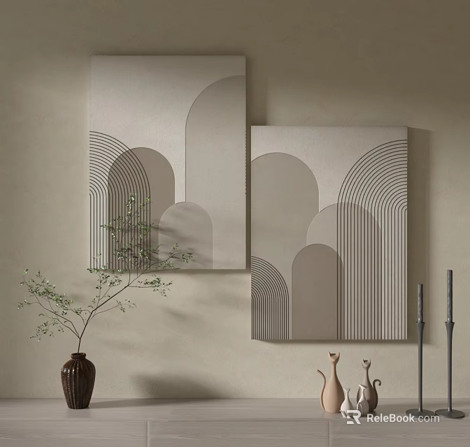 Geometric Pattern Wall Art On Beige Wall With Vase And Ceramic Figurines 3d model 