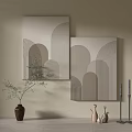 Geometric Pattern Wall Art On Beige Wall With Vase And Ceramic Figurines 3d model