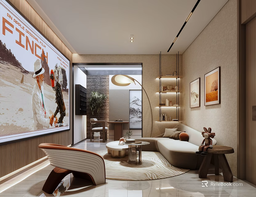 Modern Home Theater Room Interior Design With Large Screen Comfortable Sofa And Decorative Paintings 3d model 