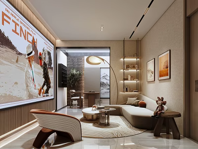 Modern Home Theater Room Interior Design With Large Screen Comfortable Sofa And Decorative Paintings 3d model