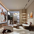 Modern Home Theater Room Interior Design With Large Screen Comfortable Sofa And Decorative Paintings