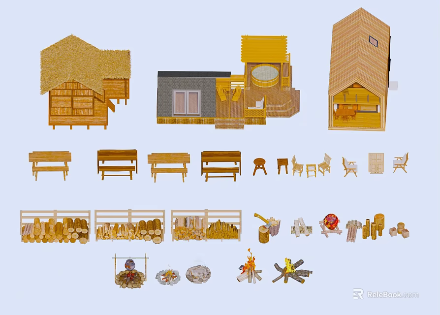 Wooden House Models With Various Styles Benches Wood Piles And Campfire Accessories 3d model 