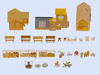 Wooden House Models With Various Styles Benches Wood Piles And Campfire Accessories 3d model