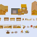 Wooden House Models With Various Styles Benches Wood Piles And Campfire Accessories