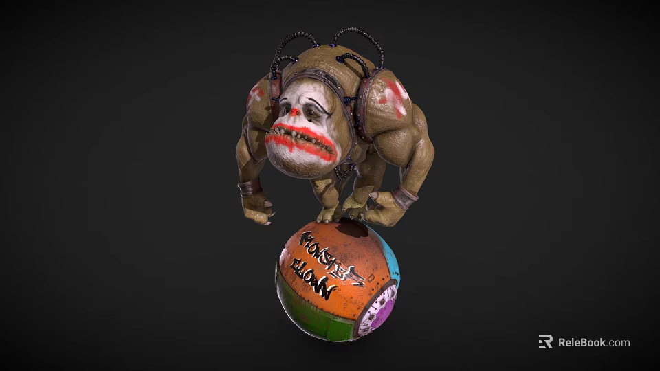 Clown Faced Monster Creature With Red Markings On Colorful Knuckle Ball 3d model 