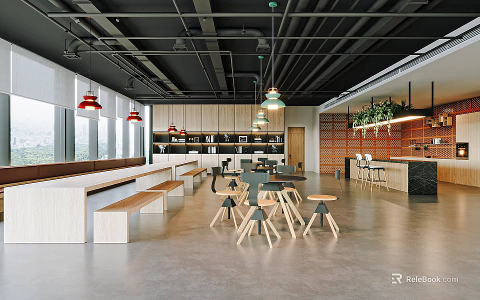 Modern Office Pantry Interior With Open Layout Tables Chairs And Pendant Lights 3d model 