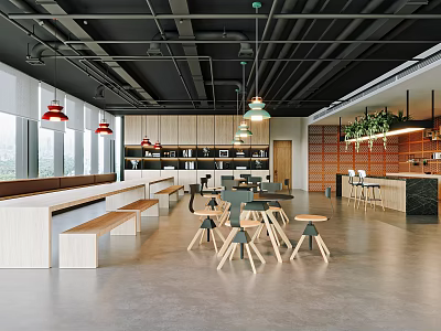 Modern Office Pantry Interior With Open Layout Tables Chairs And Pendant Lights 3d model