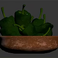 Fresh Ripe Green Bell Peppers with Stems in Rustic Brown Ceramic Bowl
