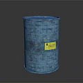 Blue Chemical Waste Barrel With Yellow Label On Dark Background