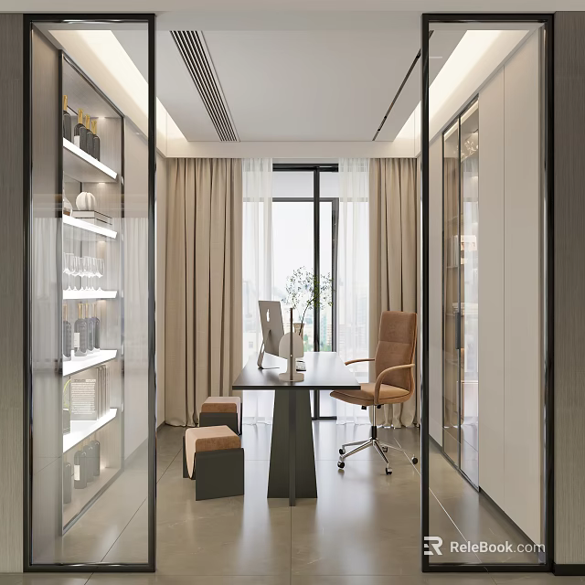 Modern Study Room Interior With Desk Chair Glass Cabinets And Large Window 3d model 