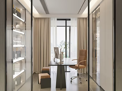 Modern Study Room Interior With Desk Chair Glass Cabinets And Large Window 3d model