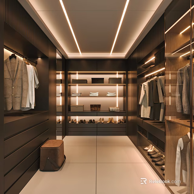 Modern Luxury Walk in Closet With Wooden Cabinets Hanging Clothes And Shoe Storage 3d model 