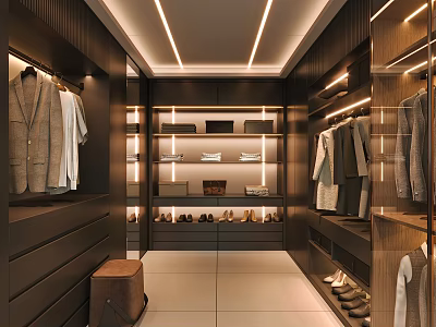 Modern Luxury Walk in Closet With Wooden Cabinets Hanging Clothes And Shoe Storage 3d model