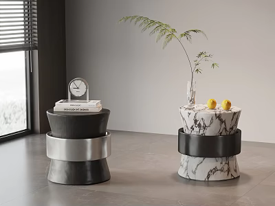 Modern Bedside Tables With Black And Marble Design Clock Books Vase And Lemon 3d model