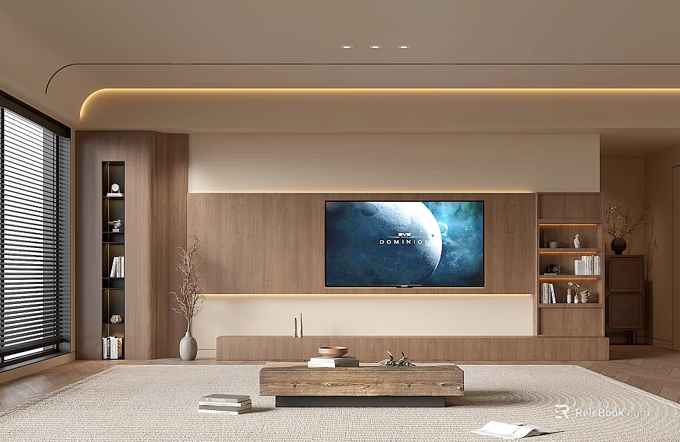 Modern Living Room Interior With Wooden TV Wall Coffee Table Shelves And Lighting 3d model 