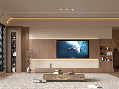 Modern Living Room Interior With Wooden TV Wall Coffee Table Shelves And Lighting 3d model