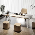 Modern Tea Table and Chairs with Marble Top and Stools in Interior Decorated with Plants