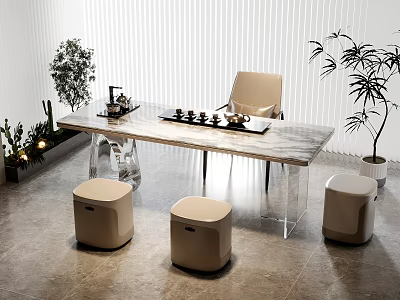 Modern Tea Table and Chairs with Marble Top and Stools in Interior Decorated with Plants 3d model