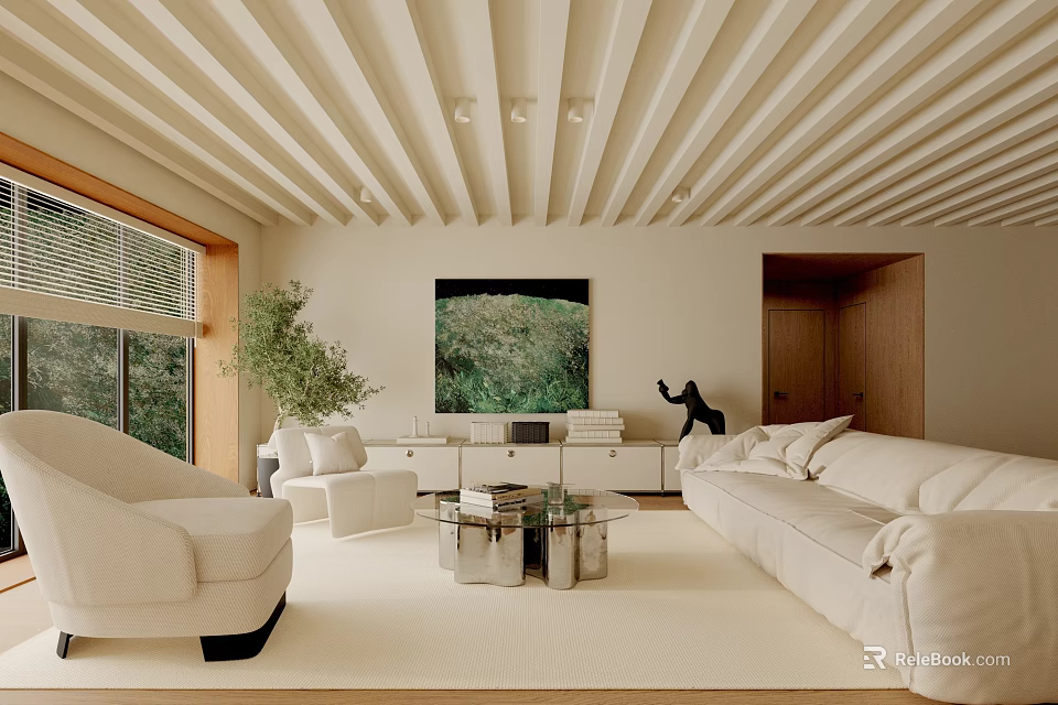 Modern Living Room Interior With White Sofa Glass Coffee Table And Wooden Ceiling 3d model 