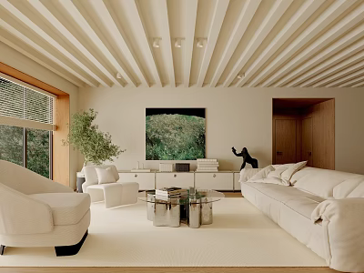 Modern Living Room Interior With White Sofa Glass Coffee Table And Wooden Ceiling 3d model