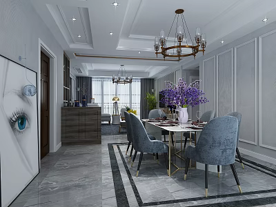 Modern Dining Living Room Interior With Gray Chairs Purple Flowers Chandelier And Marble Floor 3d model