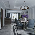 Modern Dining Living Room Interior With Gray Chairs Purple Flowers Chandelier And Marble Floor